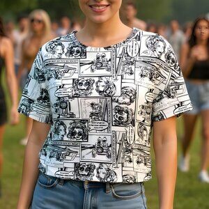 Zara Monochrome Comic Print Festival Road Trip Cropped Tee